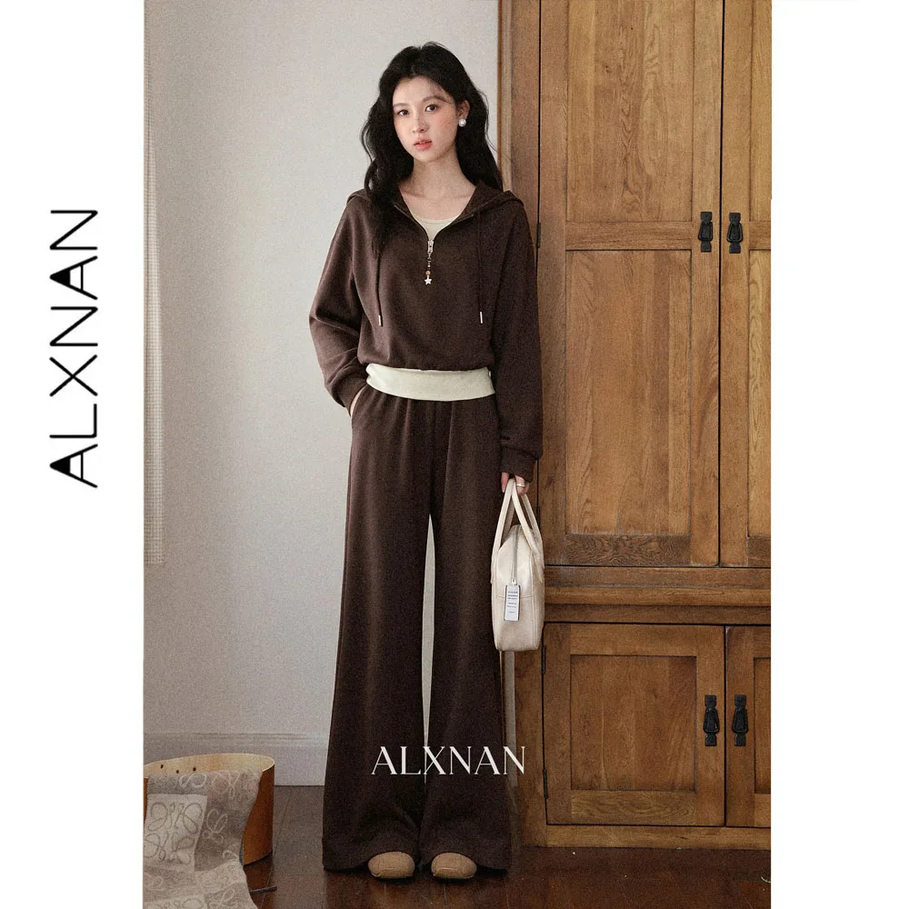 ALXNAN Vintage Brown Pants Women 2026 Autumn Flattering Straight Wide-leg Casual Pants Fashion Long Baggy Trousers L679167A