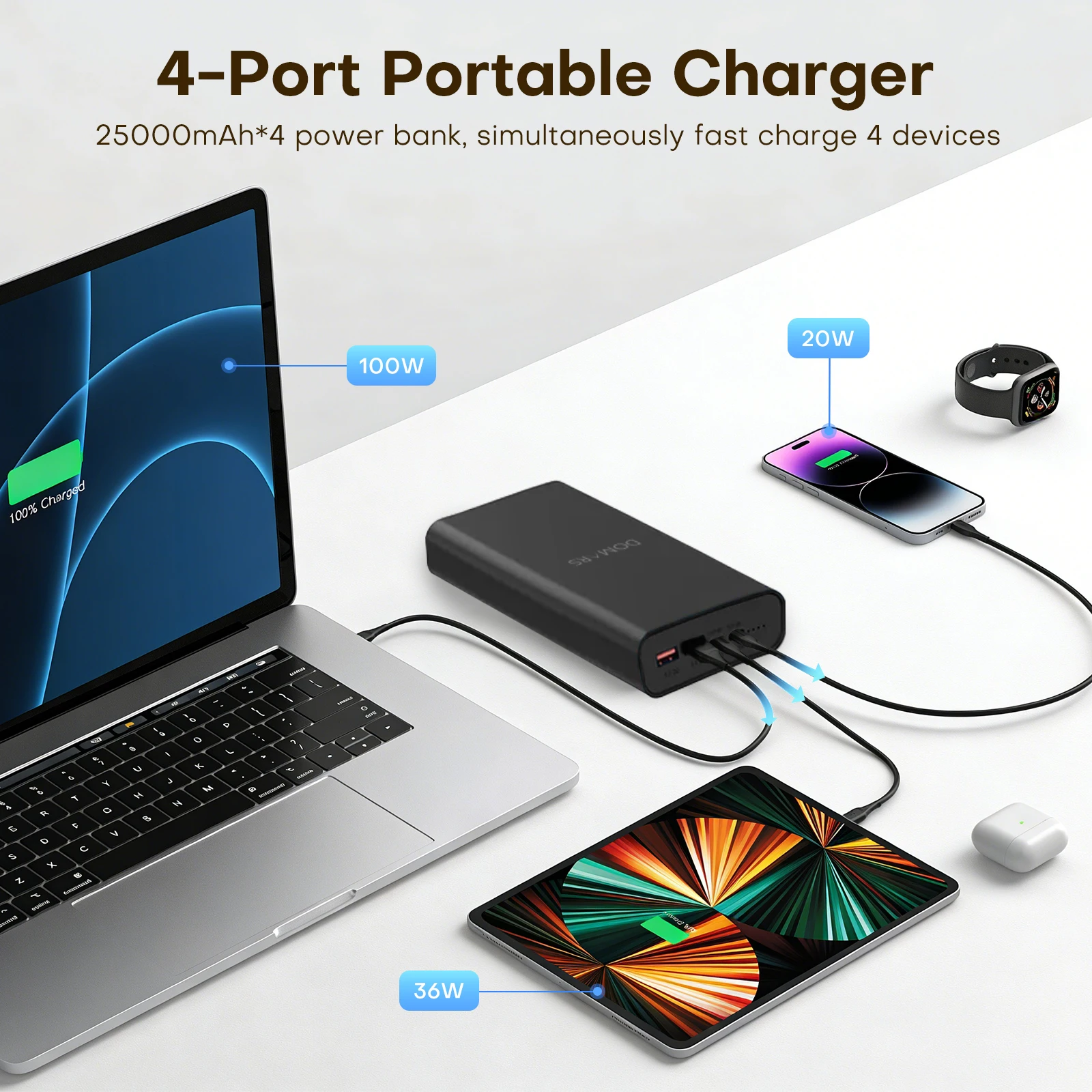 Domars High-Capacity Shared Power Bank 25000mAh x 4pcs Fast Charging with Built-in Data Cable for Laptops and Mobile Phones