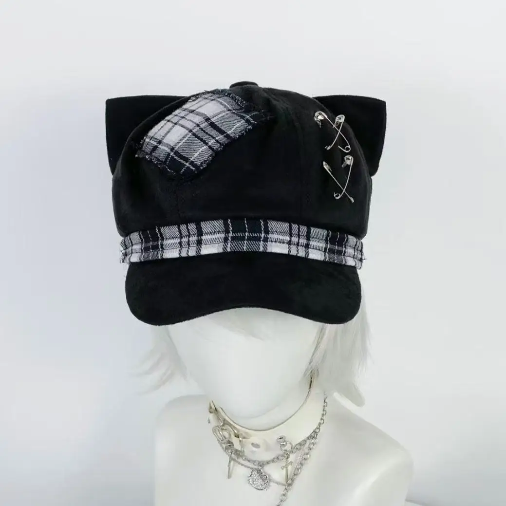 Edgy Stylish Octagonal Beret Hat 3D Cat Ear Black White Plaid Patch Ribbon Safety Pin Accent Retro Eye‑Catching Newsboy Cap
