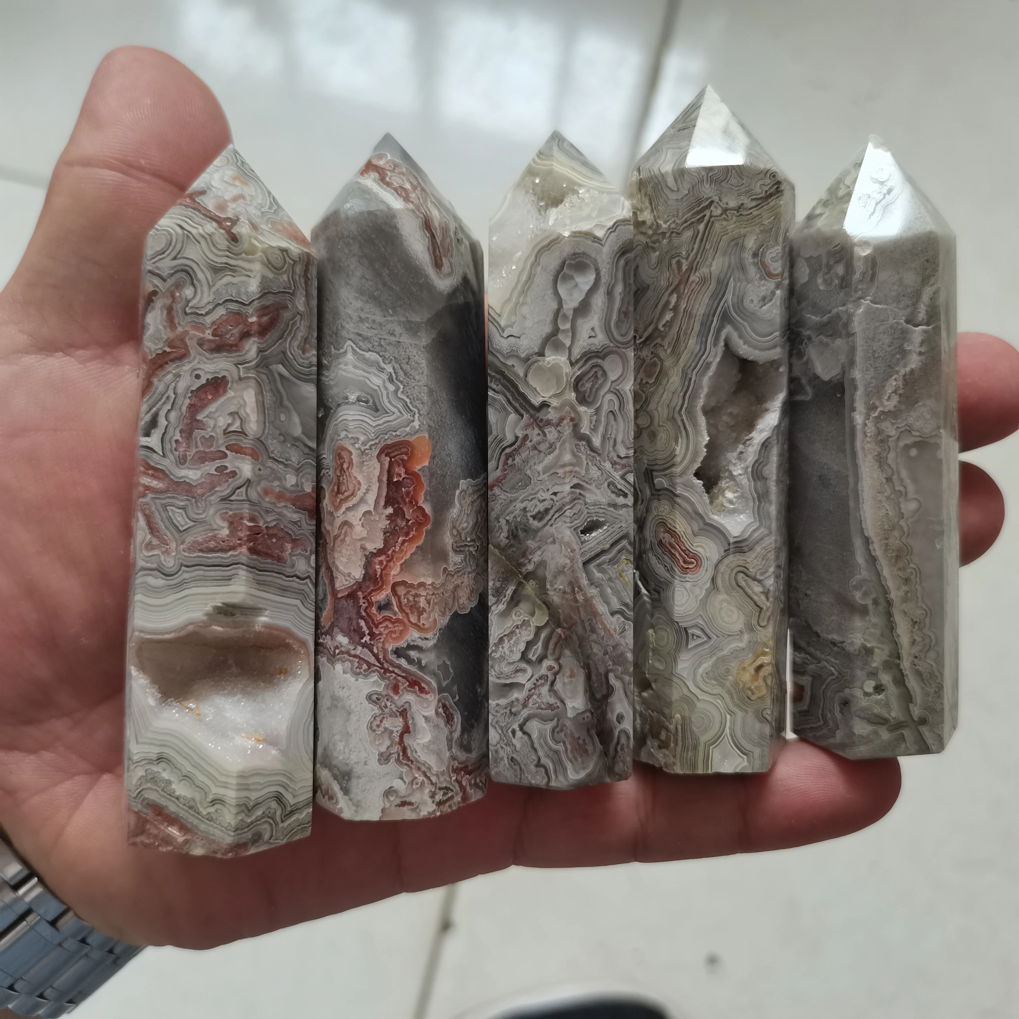 

20pcs Natural Crazy Lace Agate Crystal Hexagonal Column Specimens Healing Energy Gemstones Wand Tower Reiki Home Decoration