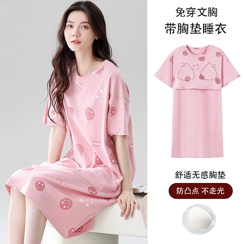 

Newest summer women nightshirt 100% cotton nightgown short sleeve nightdress with chest pad