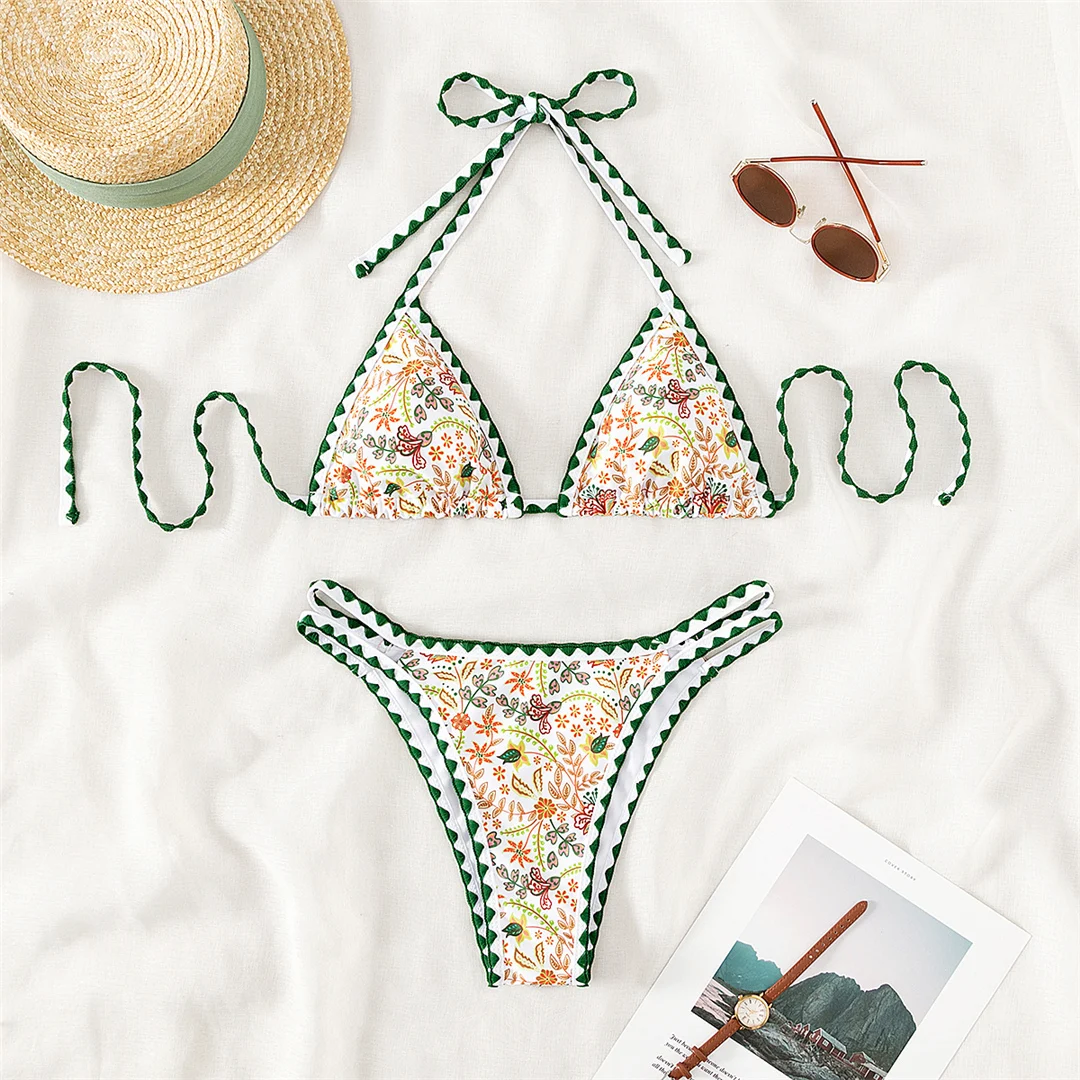 Sexy, mit Blumenmuster versehener, halterneckiger, brasilianischer Bikini, Damen-Badeanzug, zweiteiliges Bikini-Set, Badebekleidung, Badeanzug, Modell V4997. – Detail 8