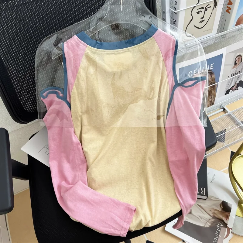 Hikigawa Contrast Color Loose T-shirts Casual O Neck Chic Fashion Y2k Tops Women Kawaii Bear Print Long Sleeve Roupas Femininas