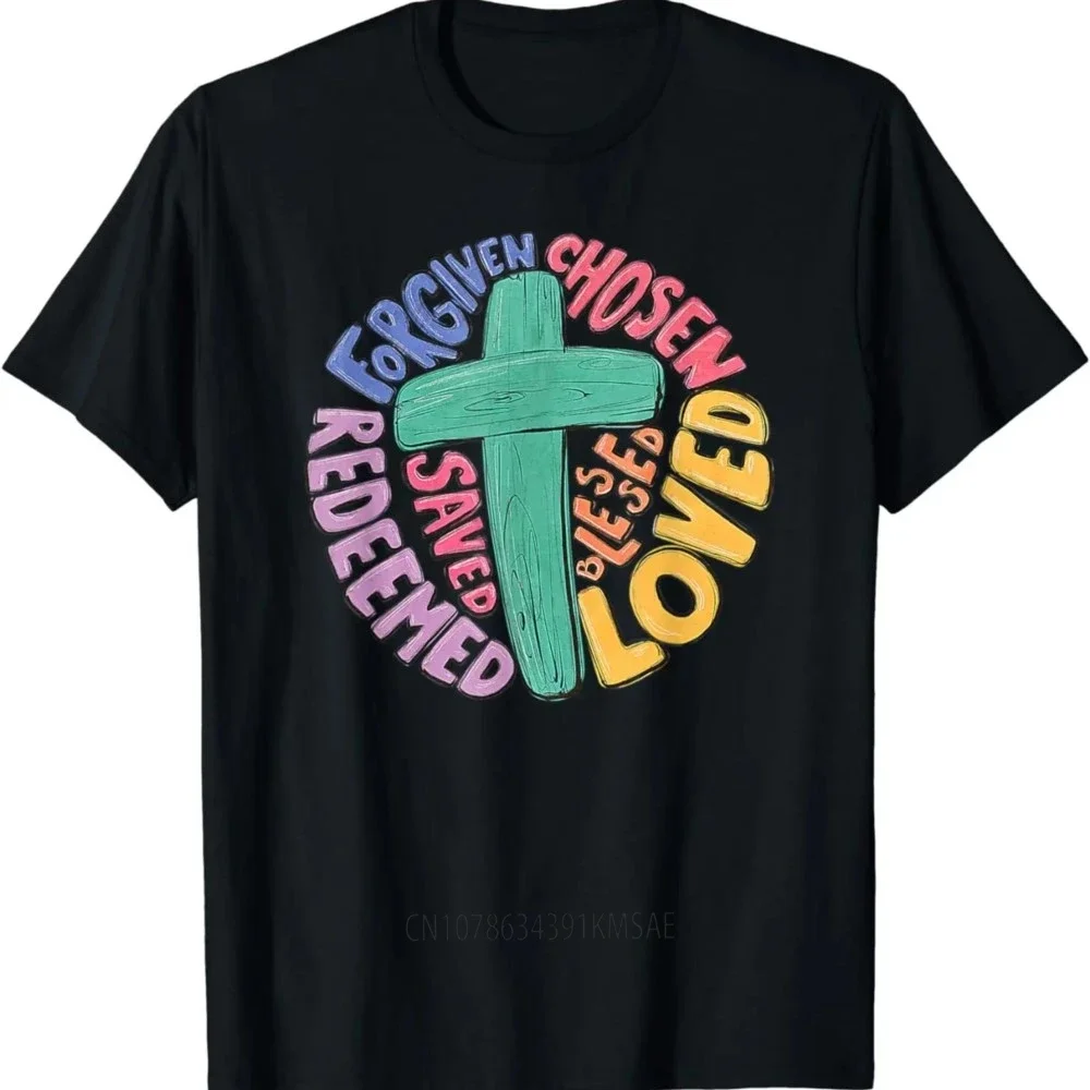 New Jesus Clothing cotton T Shirts for Men  Jesus Cross Forgiven Chosen Loved Redeemed Christian Easter T-Shirt  harajuku