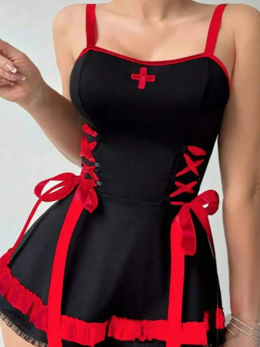 جديد مثير الإناث لعب الأدوار ممرضة الأحمر والأسود عبر حزام الدانتيل يصل فستان قصير مع الكشكشة Bowknot فستان بلا أكمام الحلو XC2C