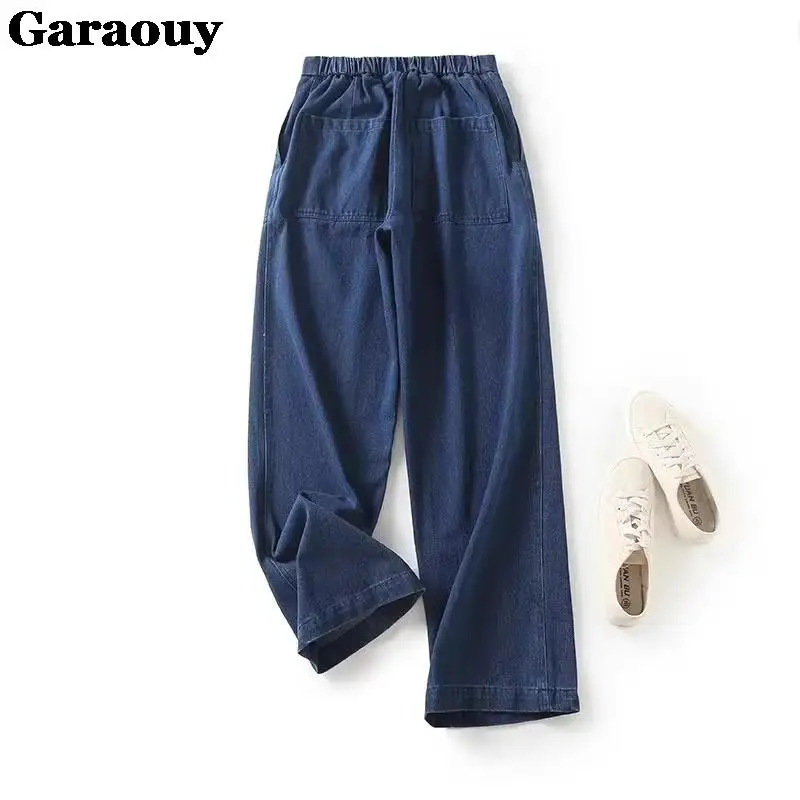 Garaouy 2023 Women Vintage Lapel Belt Loose Denim Shirt Jacket Coat+Elastic High Waist Wide Leg Jeans Pants Casual Simple Suit