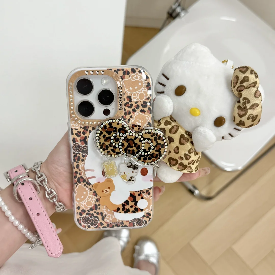 

Luxurious Leopard Cartoon Bear Hello Kitty Bowknot Bracket Phone Case For iPhone 16 15 14 13 Pro Max cute protection Cover