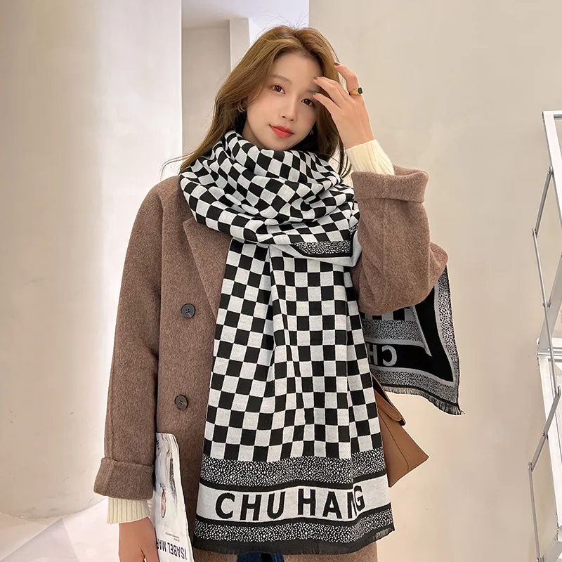 

New Scarf Female Black And White Check New Autumn Winter Thickened Cashmere Warm Shawl Korean Classic Versatile Checkered Scarf