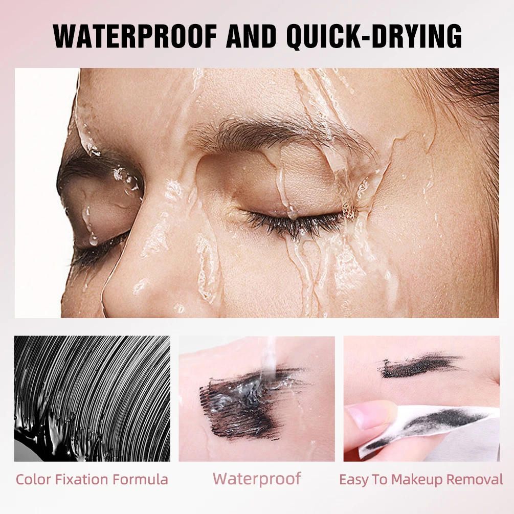 QIBEST Mascara Waterproof Lengthens Eyelashes Extension Black Non-smudge Lengthening Volume 4D Silk Fiber Mascara Cosmetics