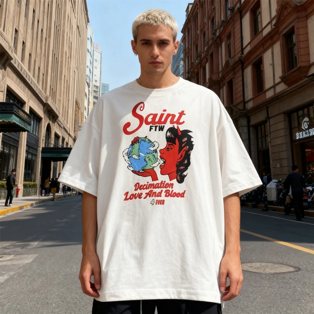 

KUCLUT SAINT 1:1 Fashion Luxury Brand Best Quality Vintage Clothing Tops Loose Casual Short Sleeves Tee 100%Cotton T Shirt Men