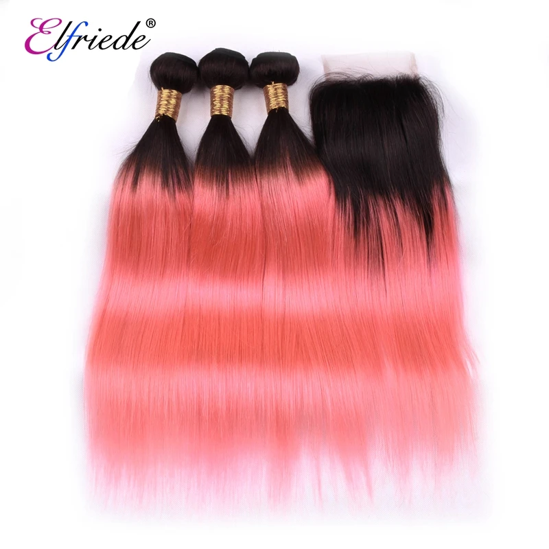 

Elfriede Ombre 1B/Pink Straight Human Hair Bundles with Closure Brazilian 100% Remy Hair Weaves 3 Bundles with Lace Closure 4x4