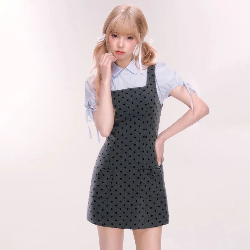 

Women Sweet Dot Printed Preppy Style Casual Fake Two-piece Shirts Dress