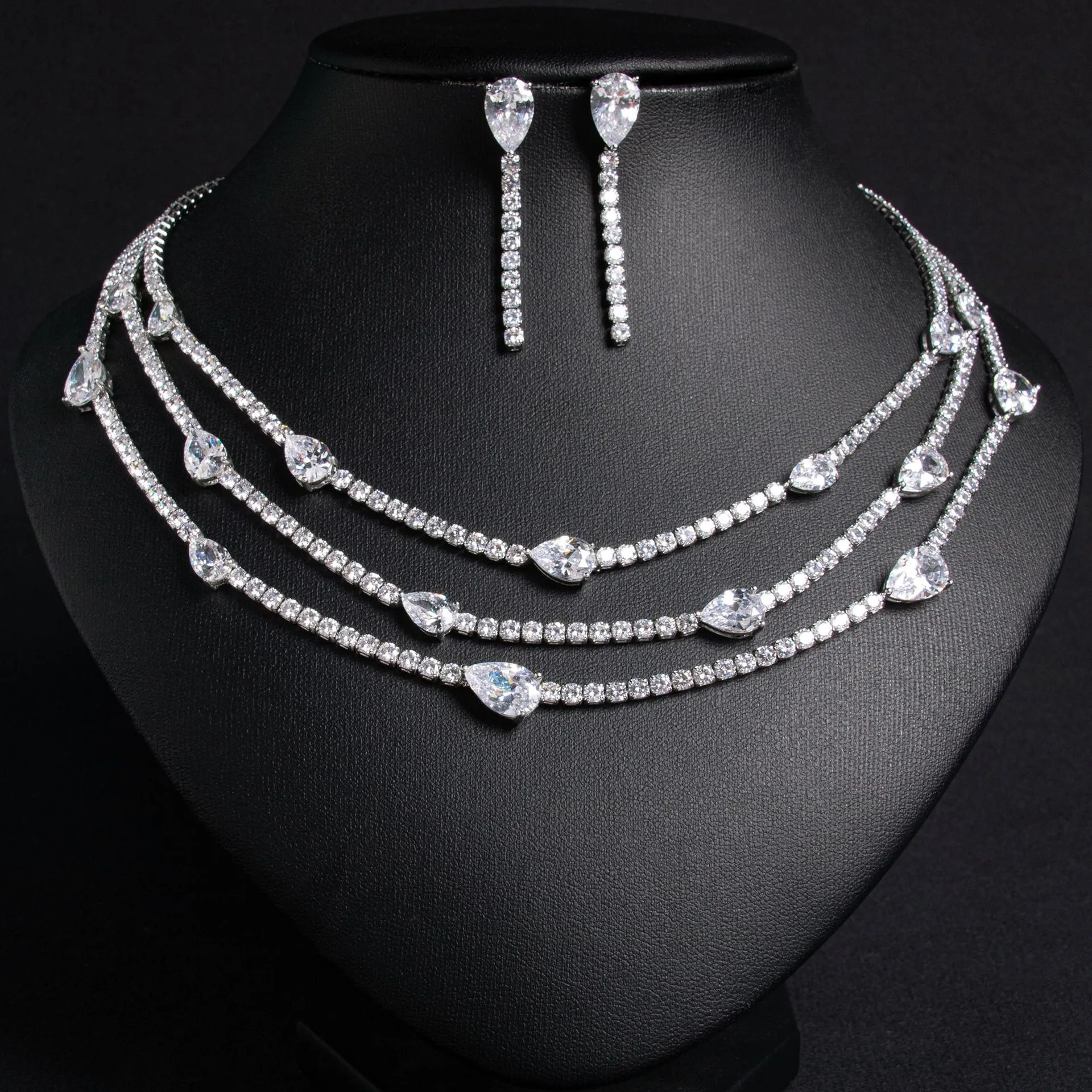 Vintage Court Full Paved CZ Teardrop 2Pcs Jewelry Set Multi-Layer Necklace Drop Earrings Light Luxury Women Holiday Present
