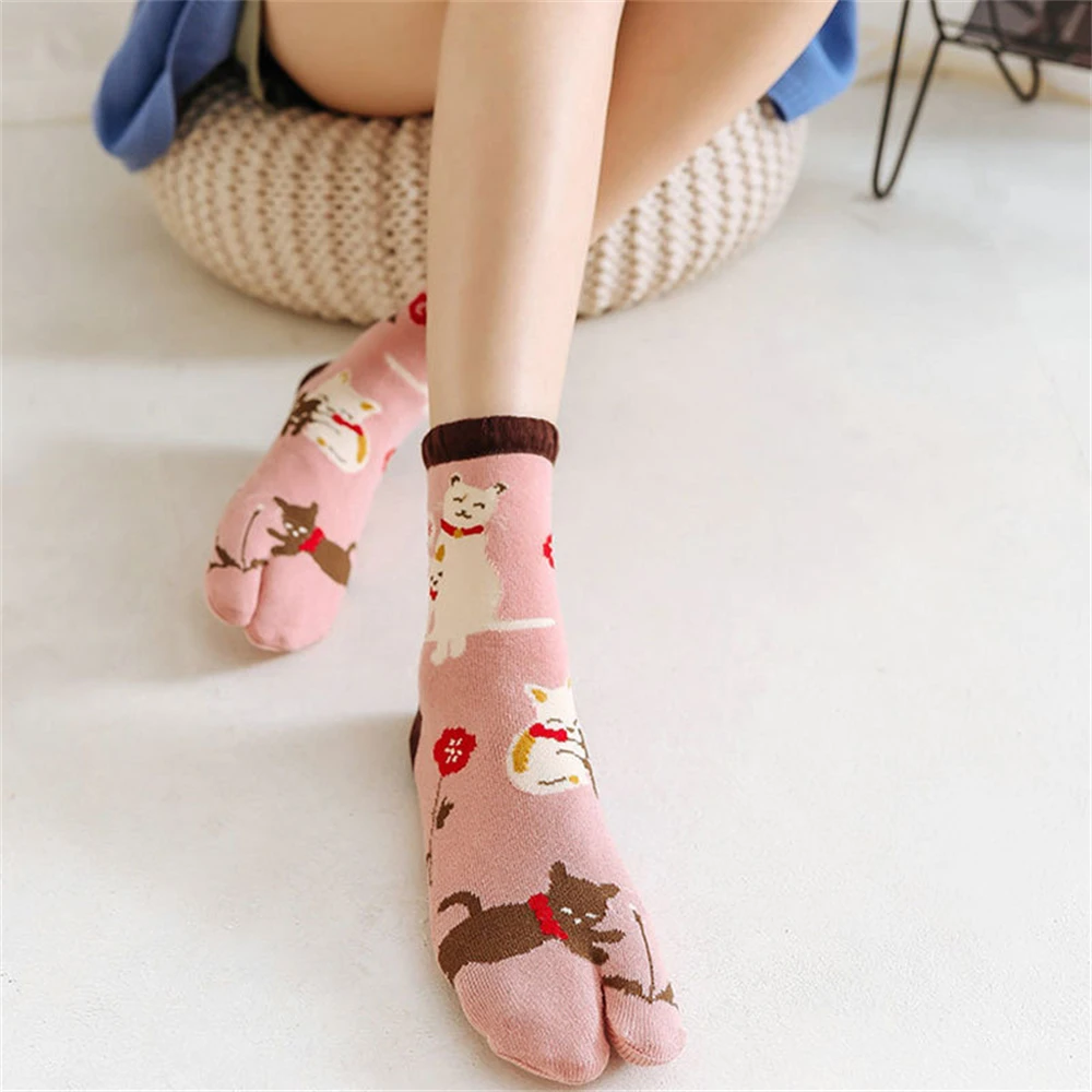 New Funny Cartoon Animal Cute Cat Dandelion Two-Toed Socks Women's Sweat-Absorbent Soft Cotton Split Toe Sokken Dropship