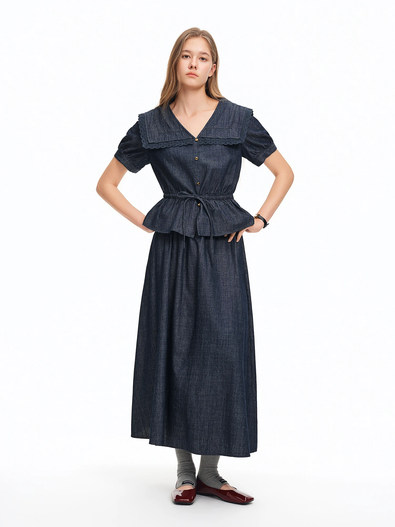DUSHU Lace Patchwork Ruffles Hem Denim Fashion Set Women Commuting 2026 Summer New Arrivals Top and Long A-line Skirt