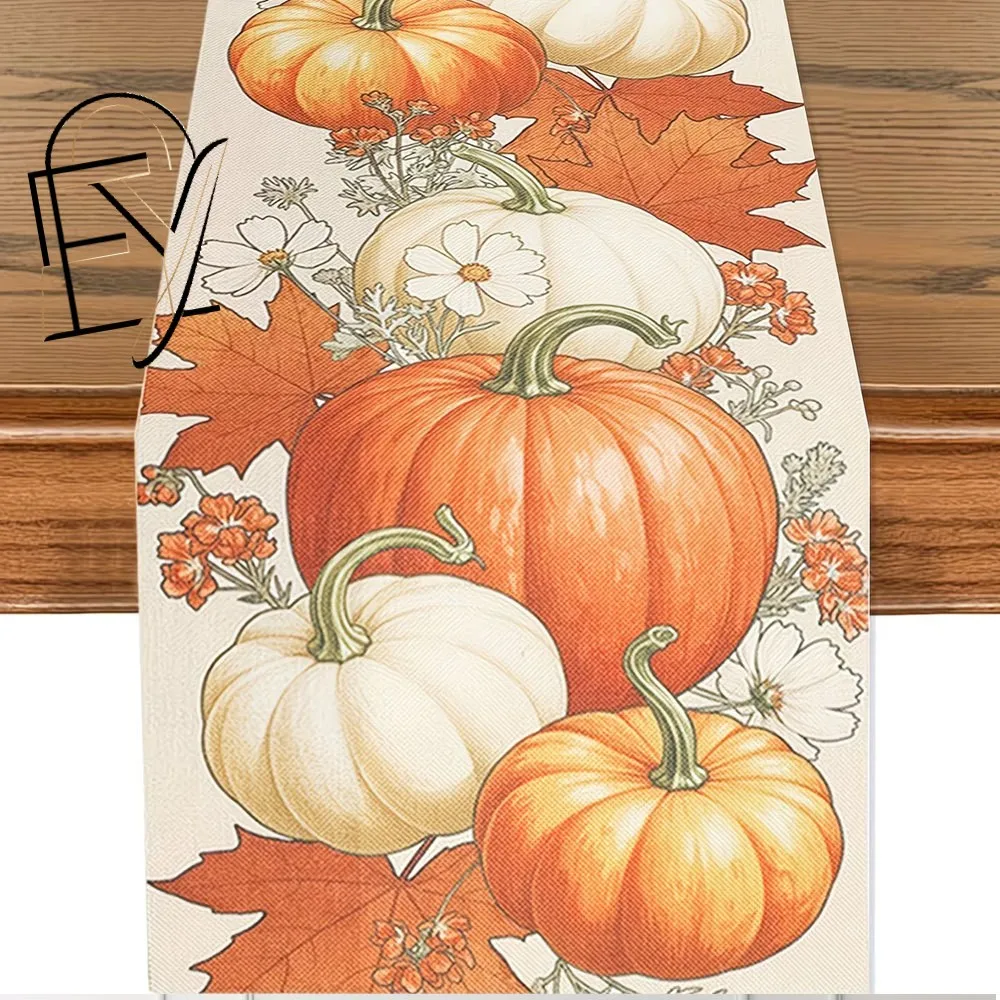 Linen Table Runner Orange Purple Polka Dot Pumpkins Berries  Maple Leaves on Off White Fall Tablecloth  Autumn Table