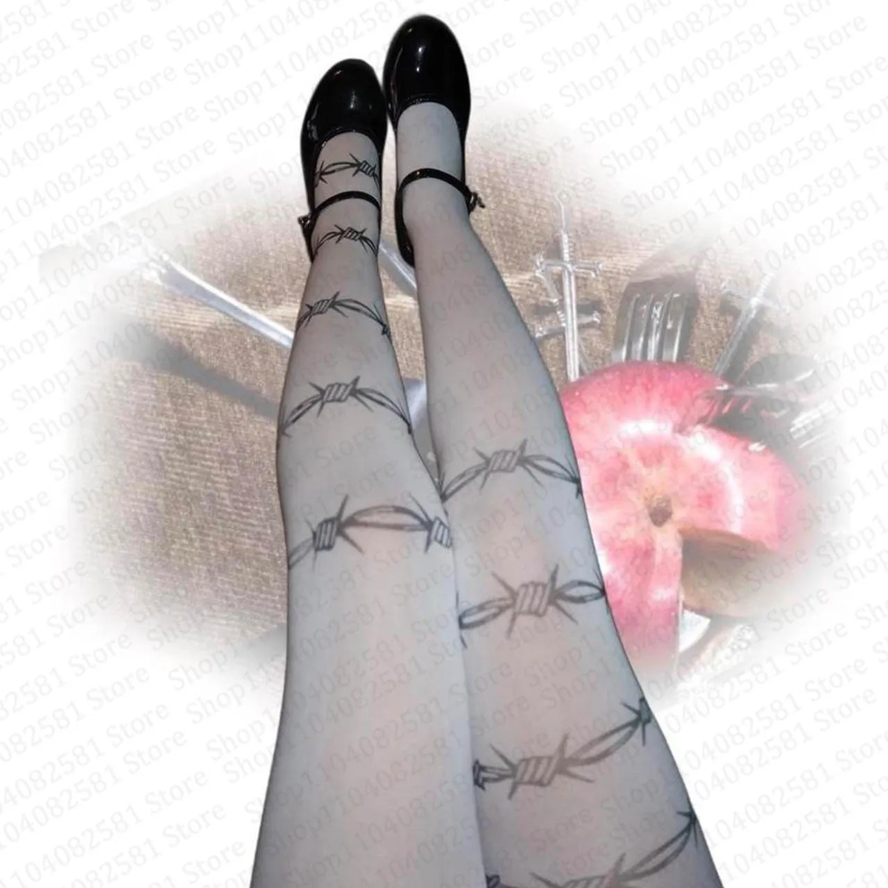 2000s Gothic fashion punk niche print slim fit tight fitting pantyhose Y2K style cosplay cute casual socks emo thigh high socks