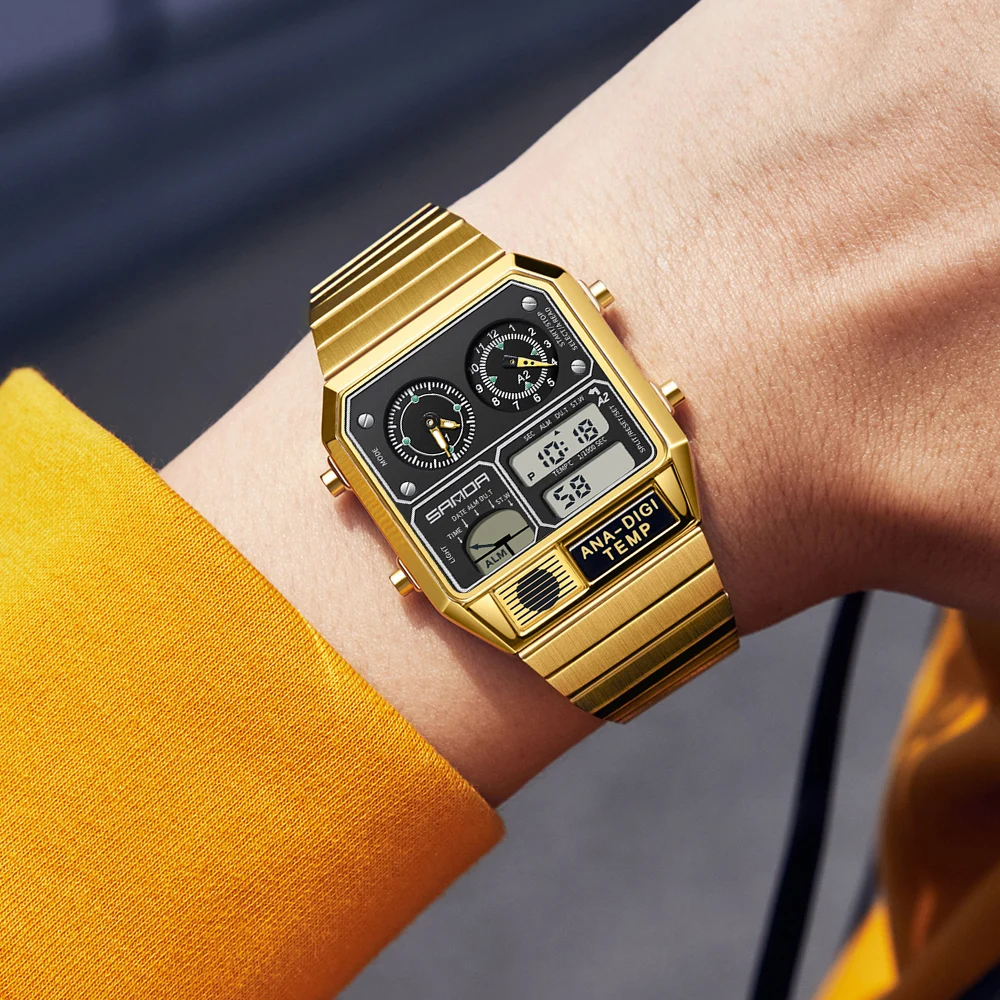 Reloj de pulsera Digital cuadrado electrónico SANDA para hombre, cronómetro con medición de temperatura de acero inoxidable, alarma, calendario, reloj deportivo
