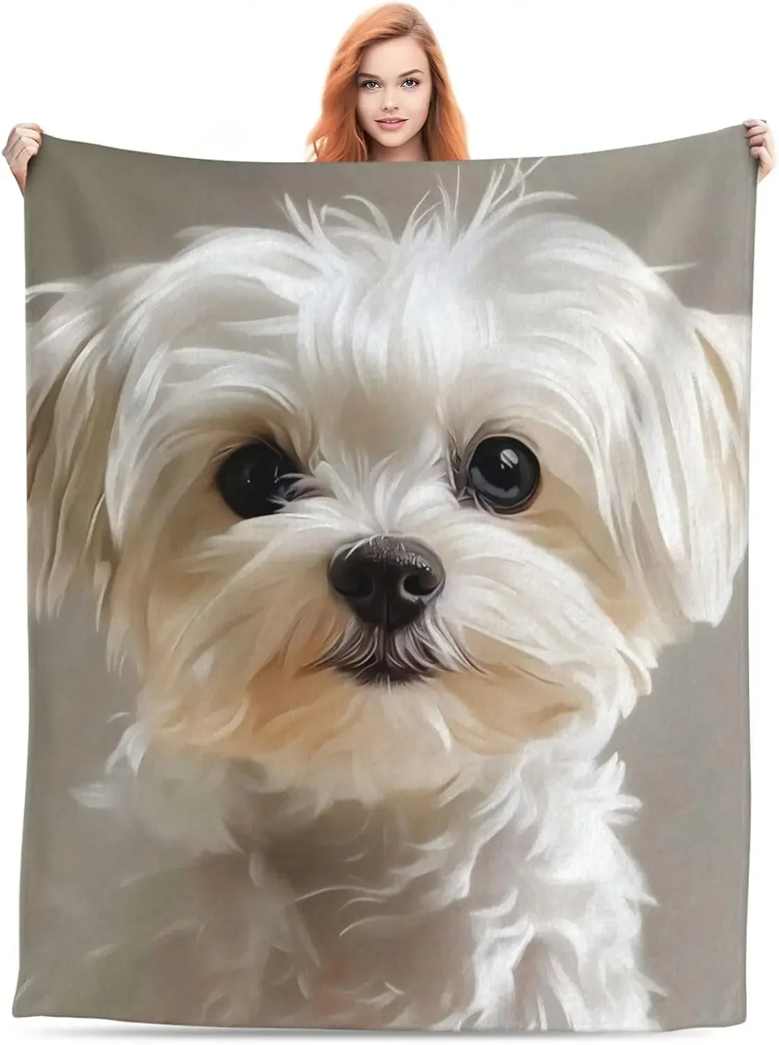 Cute Maltese Dog Throw Blanket Big Eyes Puppy Portrait Bed Blanket Soft Warm Fleecy Sweet Pet Sofa Couch Room Decoration
