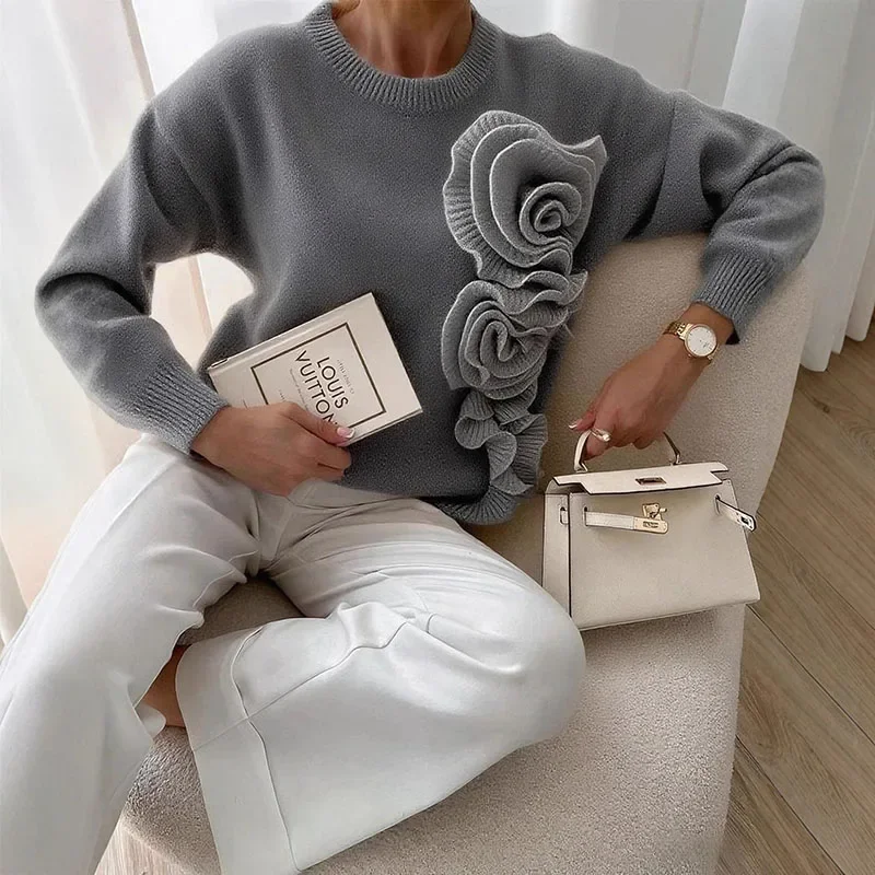 الخريف موضة ثلاثية الأبعاد زهرة الحياكة البلوزات أنيقة س الرقبة مضلع النساء بلايز البلوز الشتاء طويلة الأكمام تريكو الملابس النسائية #5