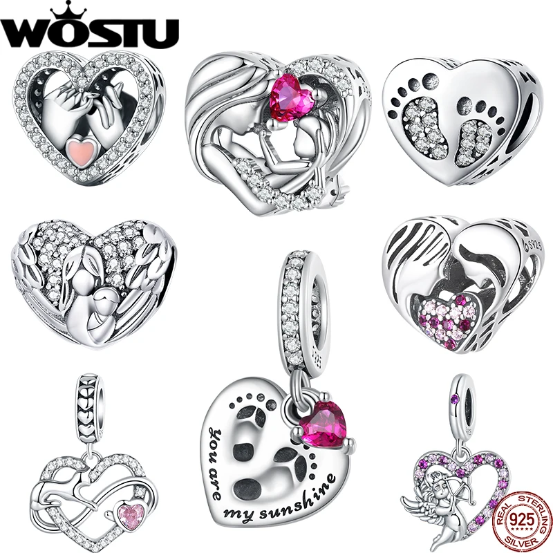 WOSTU 925 Sterling Silver Heart Shape Charms Growth Hanging Bead Red CZ Love Affinity Pendant For Original Jewelry Thanksgiving