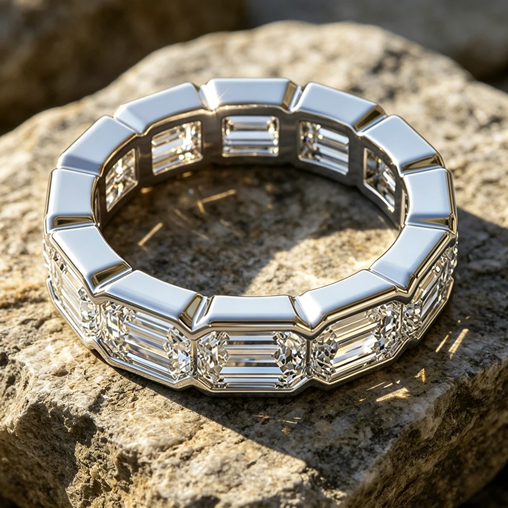 

3*5mm Bezel Set Emerald Cut Moissanite Ring for Women Men 925 Sterling Silver Full Eternity Matching Stackable Promise Band Gift