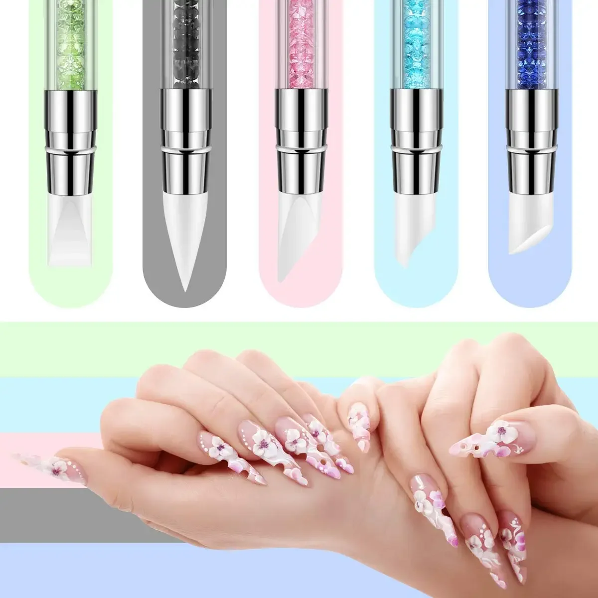 1/5 Pcs Silicone Nail Tools Dual Tipped Nail Art Sculpture Pen Rhinestone Nail Polish Carving Pen Rubber Tip Nail Brushes
