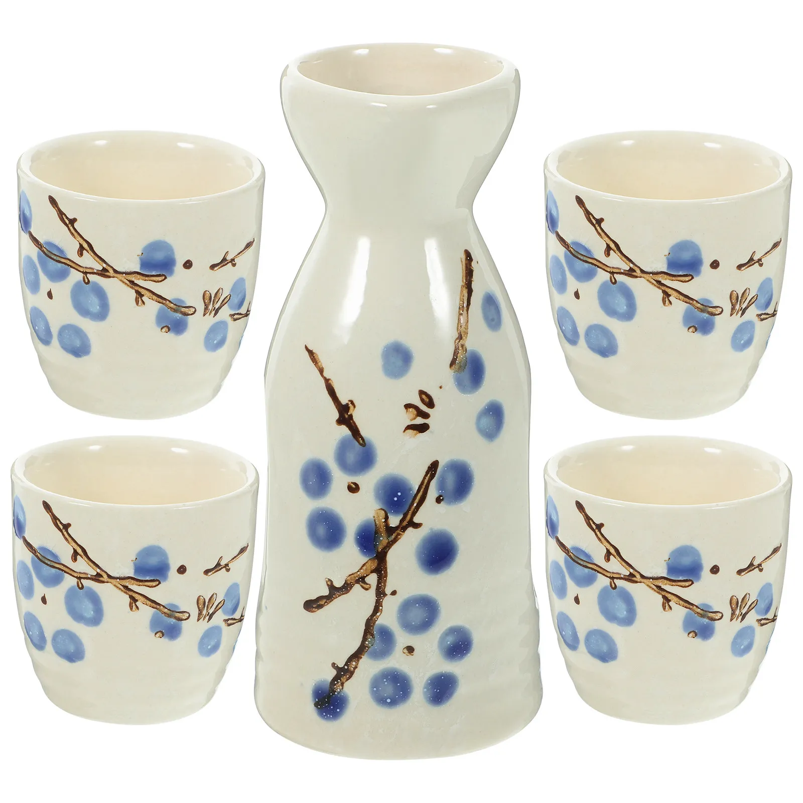 Juego de Sake Estilo Japonés con Diseño de Flor de Ciruelo, 4 Tazas y 1 Jarra, Ideal para Ocasiones Especiales, Fiestas de Té, Decoración del Hogar, Regalo
