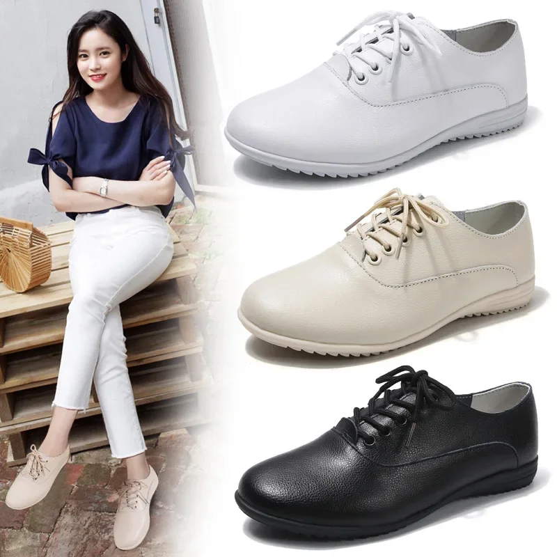 Leather Women\'s Casual Shoes Female Soft-sole Moccasins Fashion White Shoes Luxury Sneakers Women Brand Flat Shoes Plus Size 41