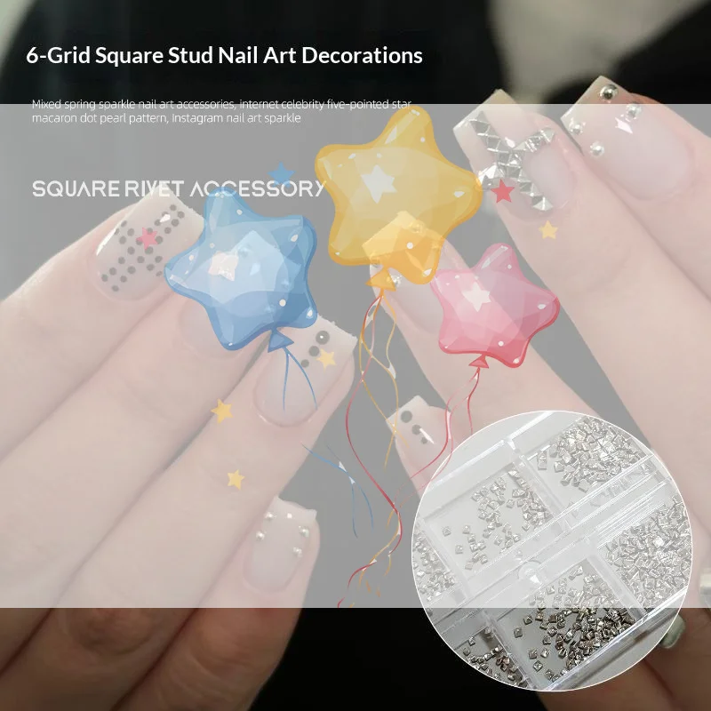 6 Grids Gold Silver Dark Grey 3 Color Square Pyramid Nail Rivets 3D Metal Spike Studs Gothic Punk Nail Art Accessories For DIY