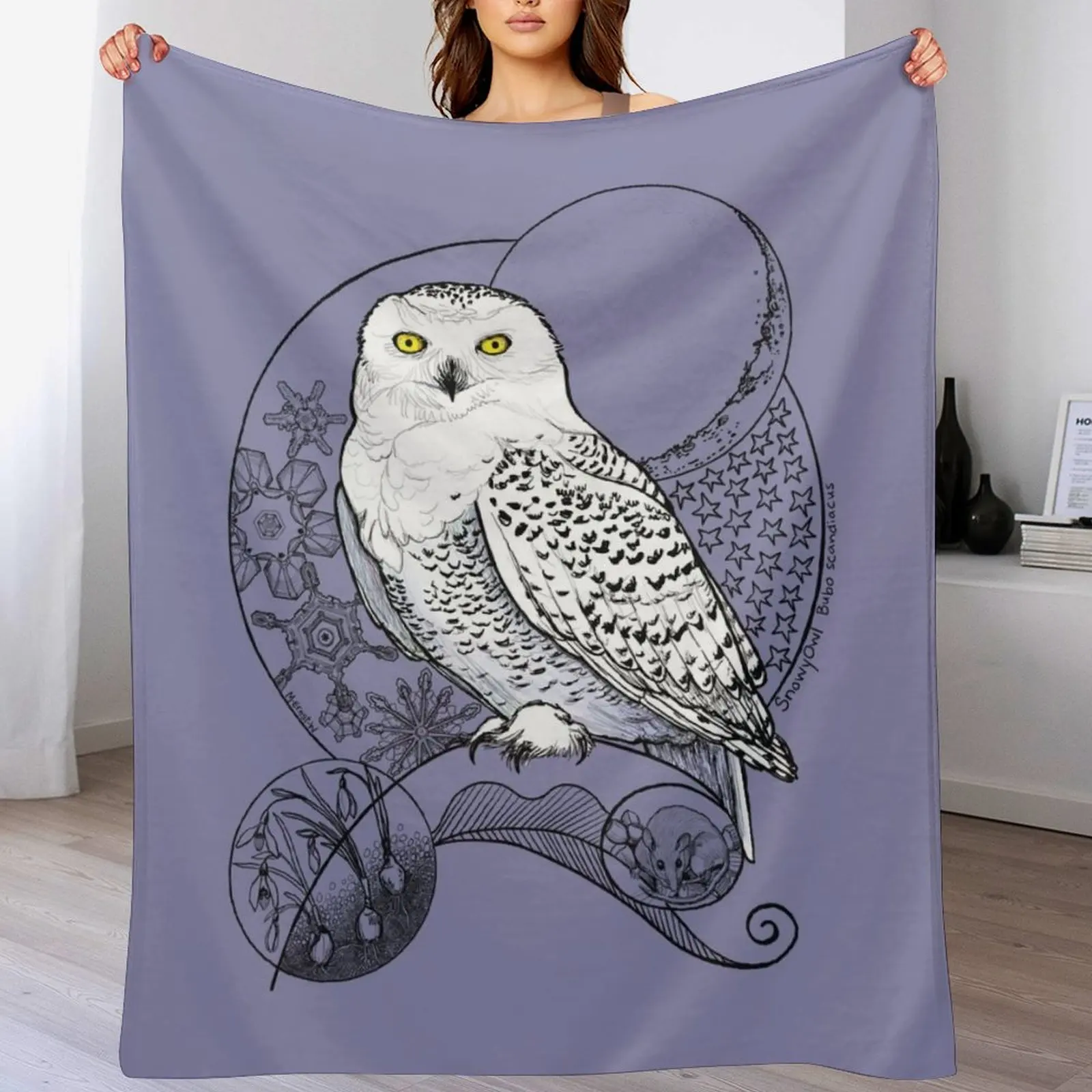 Snowy Owl Doodle in a wintery scene Throw Blanket Soft Quilt Soft Plaid Blankets