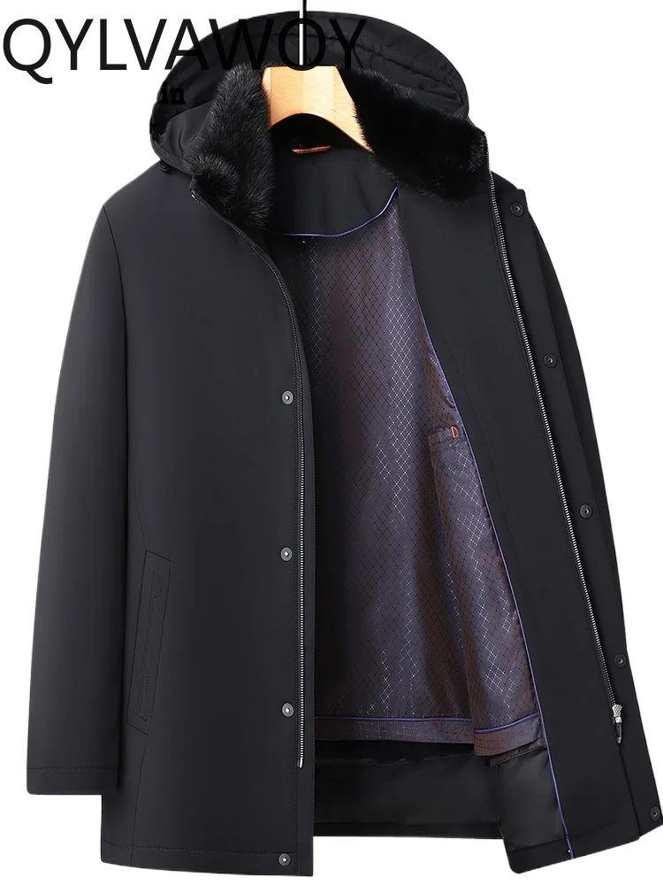 QYLVAWOY 100%Polyester Men's Mid-Long Thickened Rabbit Fur Lined Nickey Coat Cold-Resistant Parka Fur Outerwear LJ2071