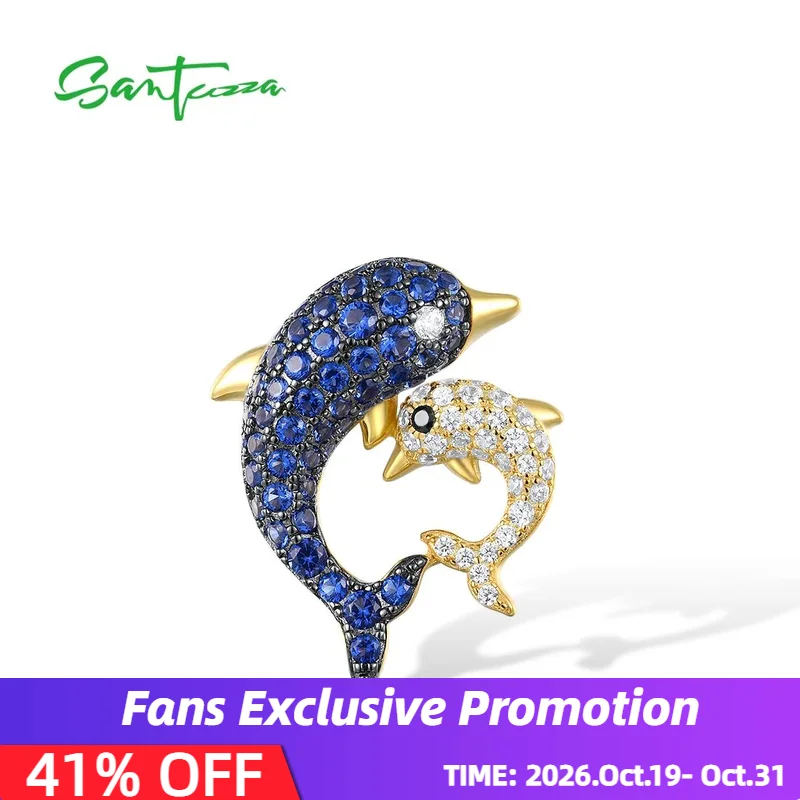 SANTUZZA Pure 925 Sterling Silver Pendant for Women Sparkling Black Spinel Blue White CZ Dolphin Pendant Lovely Fine Jewelry