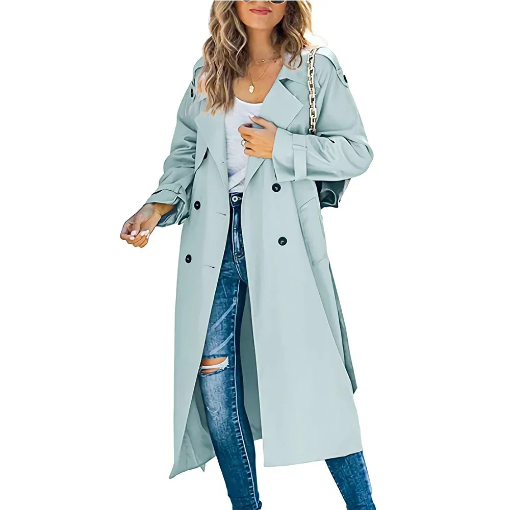 Women\'s Windbreaker Coat Fashion Long Pocket Lapel Button Windbreaker British Style Over The Knee Long Coat Office Commuter Wear