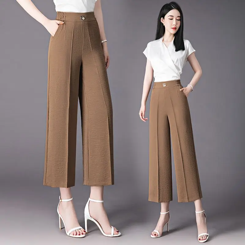 Fashion Women Loose Thin Wide Leg Pants Streetwear Korean Clothing New Summer All-match Casual High Waist Solid Cropped Trousers