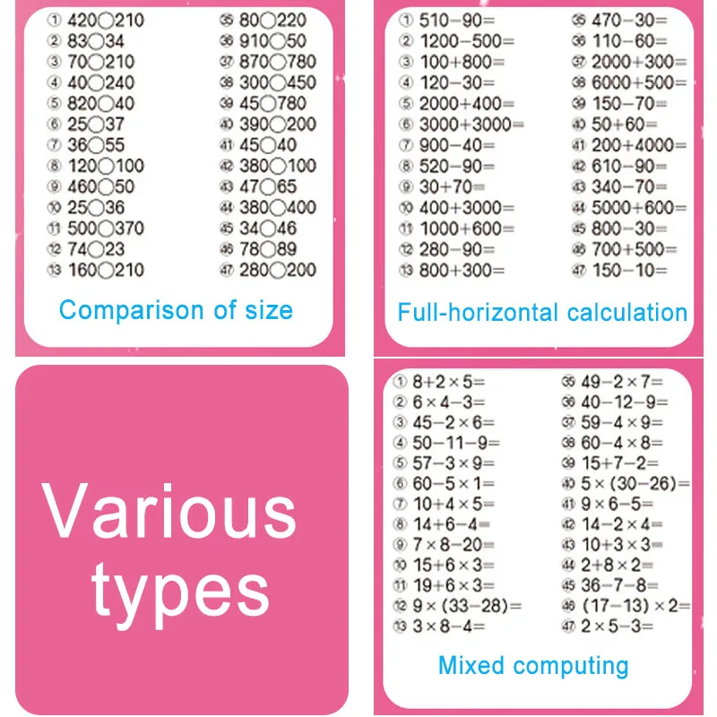 9600 Questions Addition Subtraction Multiplication and Division Kids Early Education Exercise Book for Mathematics Math Addition