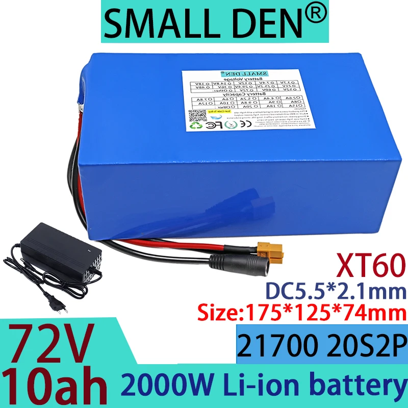 

21700 New 72V 10Ah Lithium ion Battery Pack 20S2P 2000W High Power Suitable for 84V Electric Scooter Motorcycle+84V2A3A Charger