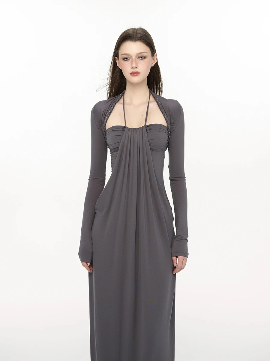 REDDACHiC Elegante Gevlochten Bolero Jurk Set Casual Modal Extra crop Vest Shirring Corset Maxi Halter Jurk Dames Dagelijks gebruik