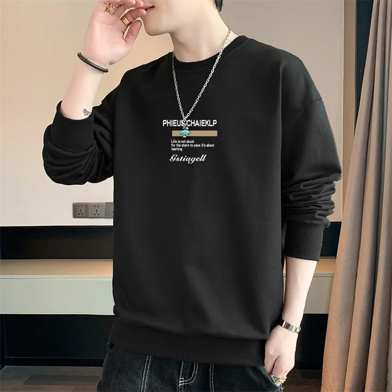 Men's Round Neck Patchwork Printed Loose and Fashionable 2024 New Autumn and Winter Casual Versatile T-shirt Long Sleeved Hoodie