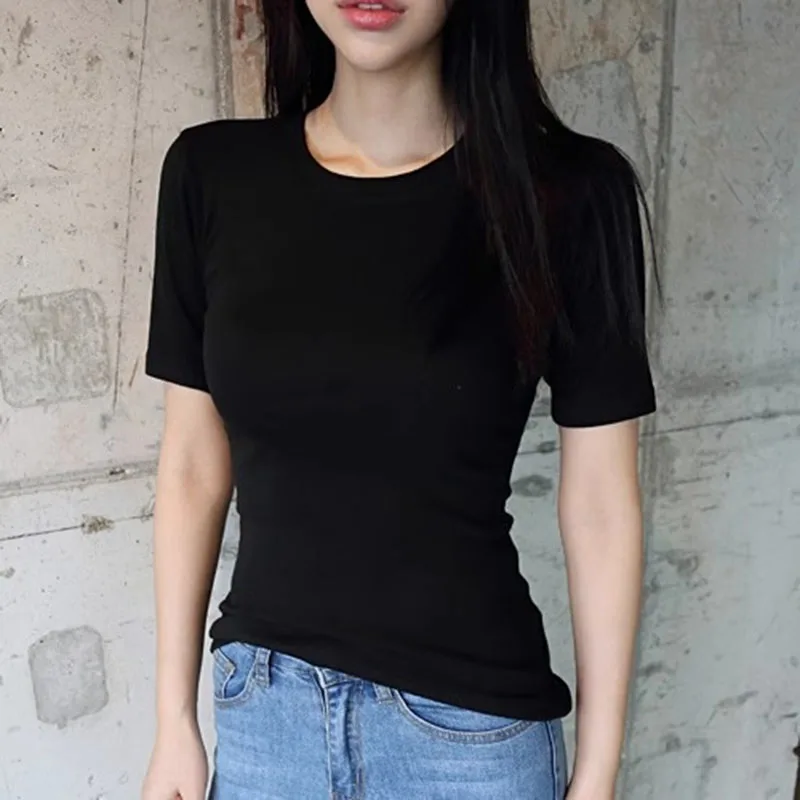 2025 frühling Sommer Neue Halbe Hülse T-Shirt Frauen Solide Einfache Casual T-shirts Alle-Spiel Heißer Grund Tees Elastische Koreanische mode Top