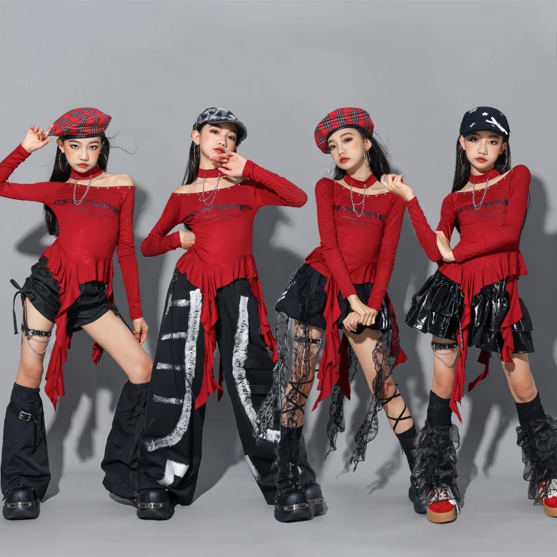 Meisjes Jazzdans Kostuum Onregelmatige Rode Tops Zwarte Broek Hip Hop Kpop Prestaties Kleding Lange Mouwen Straat Kleding BL17100