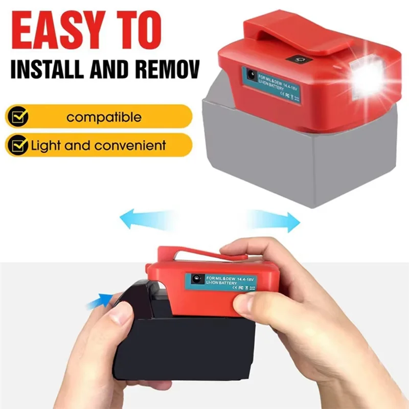 ABMI-For 18V Battery Adapter Tool Battery Converte Withled Work Light 5V USB Type-C Output Port 18650 Battery,