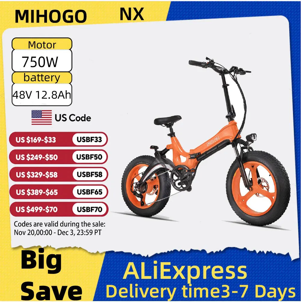 

MIHOGO NX Adult Electric Bicycle, 750W city ebike, 48V 12.8AH E-bike, 20-Fat Tire Foldable Electric Bike