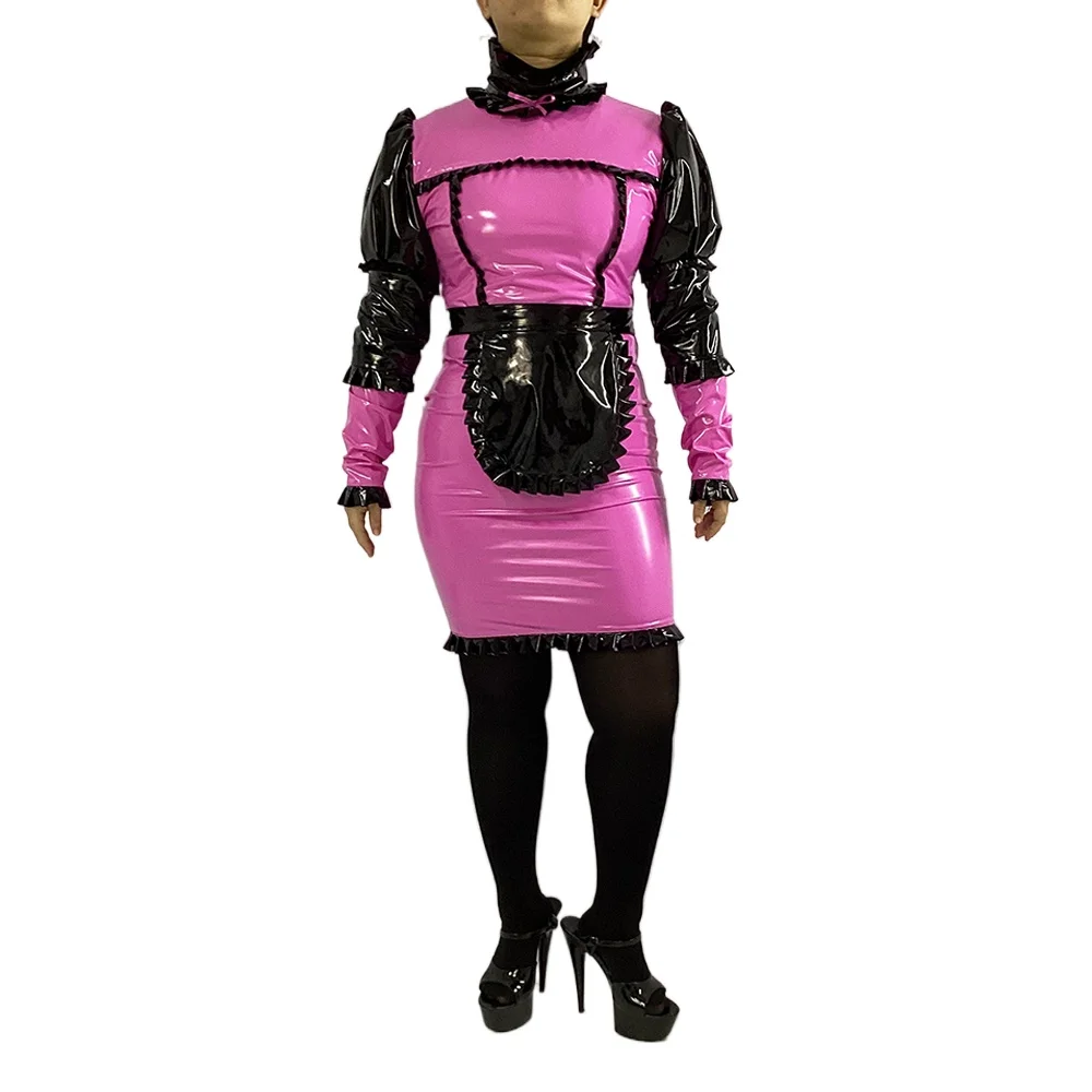 French Maid Dress with Ruffles Trim Apron, Long Sleeve, Wetlook Maid Uniforms, Siss Party Bodycon, Naughty Servant Outfits