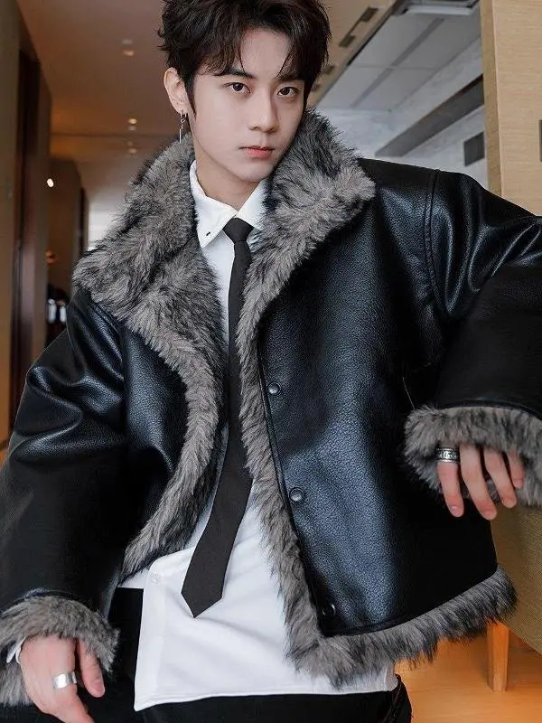 

Men's Winter Thiened ort PU Leather Jaet Biker Sle Casual Loose Fit Coat Cleanfit Sle Double Sided Wear Long Sve