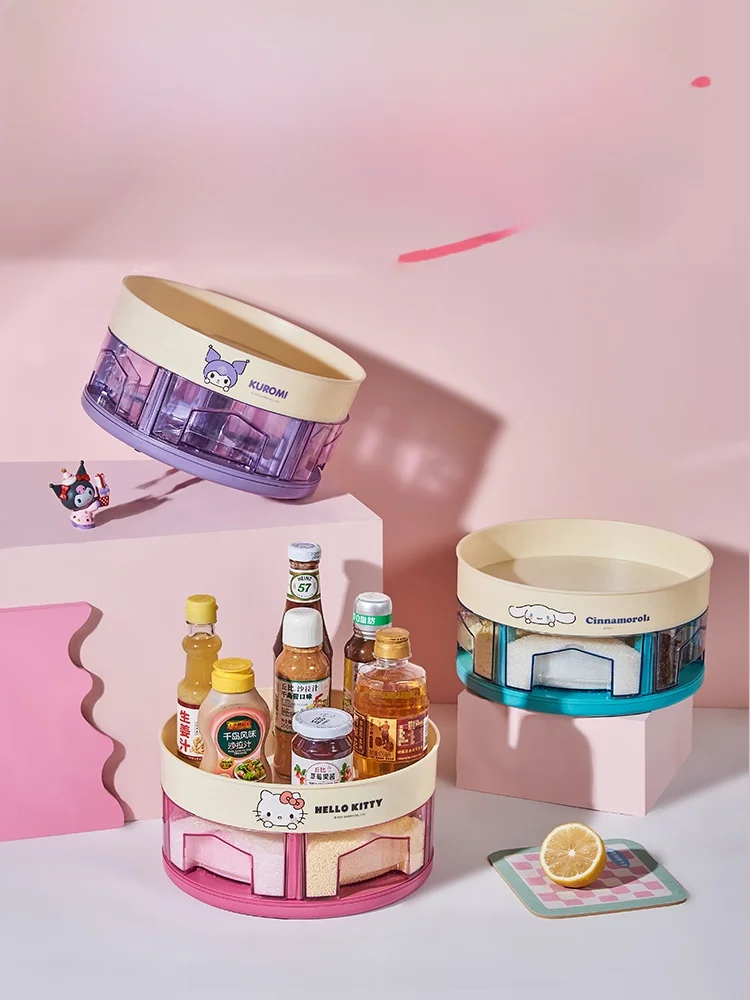 

Kawaii Kitchen Storage Ra Double Layer Spice Organizer Rotating elf Home Countertop Seasoning Storage Box round ape PP ...