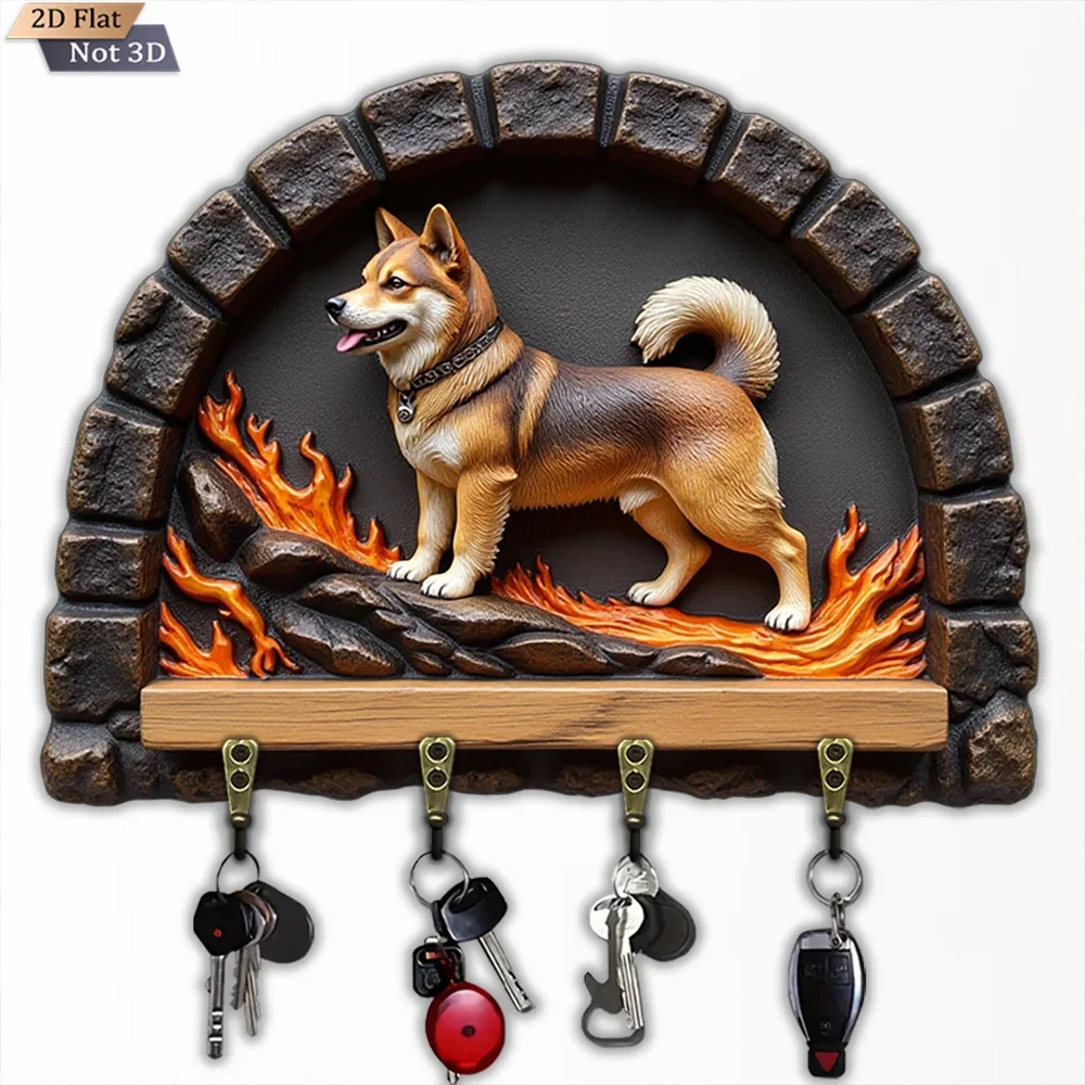 2D Flat, 1pc, Shiba Inu Flame Stone Arch Key Hook, Wooden Multi-functional Home Key Hook with Four Metal Hooks, Wall
