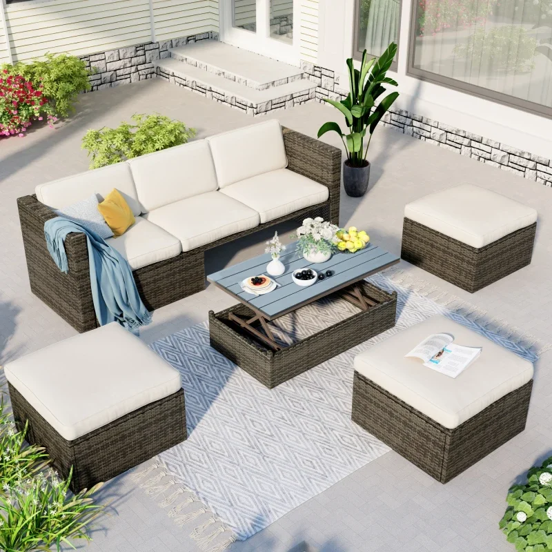, 5-Piece Patio Wicker Sofa with Adustable Backrest, Cushions, Ottomans and Lift Top Coffee Table