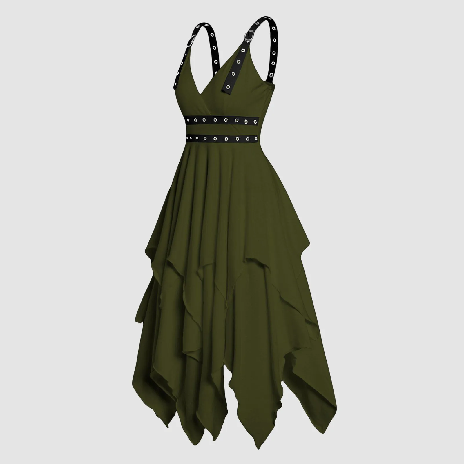 Women Green Vintage Gothic Dress Women Carnival Cosplay Costume Irregular Sleeve Strap Dress Plain Color Layered Dresses