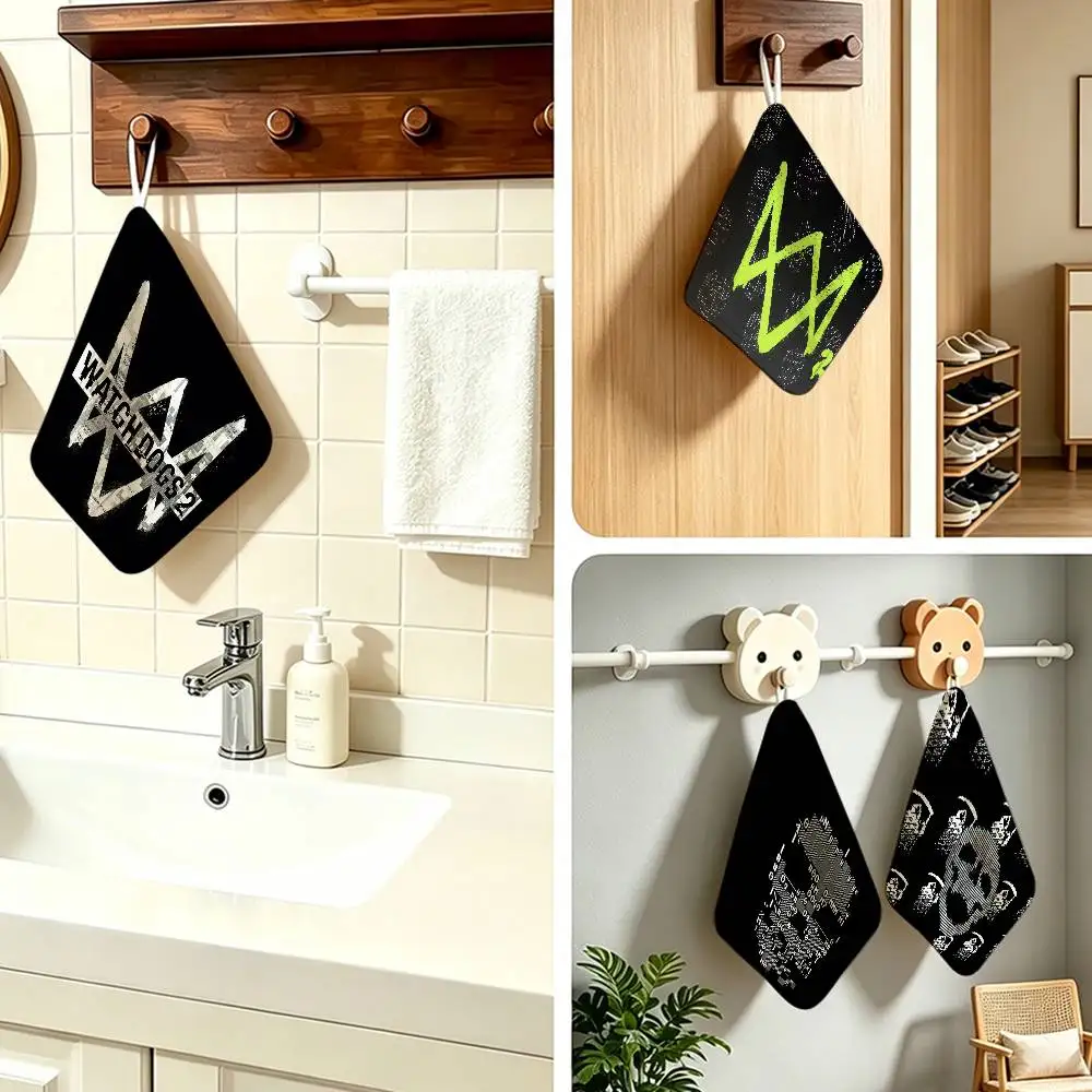 LOGO Watch Dogs Game   Hanging Style Hand Wiping Towel Polyester Cotton Anti-fade For Indoor Kitchen Living Room